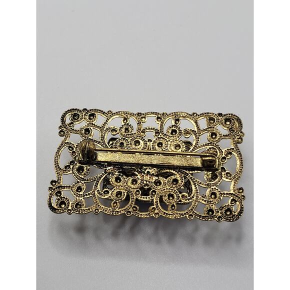 Vintage Gold Tone Filigree Brooch Blue Glass Stone Art Nouveau Style - Picture 4 of 7